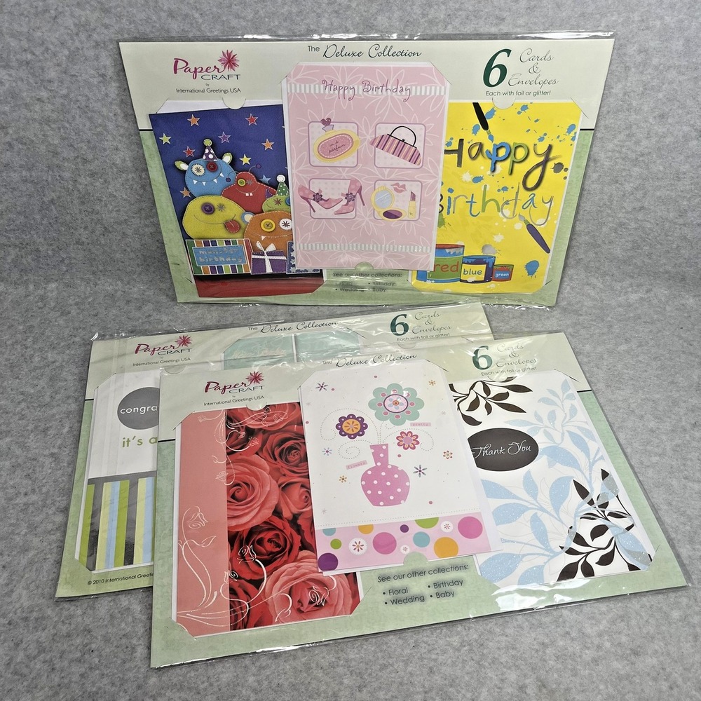 Papercraft Card Set Deluxe 6 Packs Birthday Thank You Baby‎ Floral Foil Lot of 3